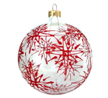 A transparent handmade glass Christmas tree ball with a red ornament, embellished with glitter, 3,25 inches