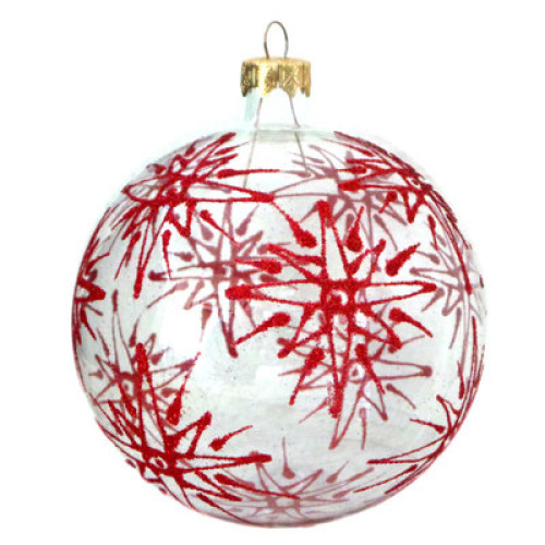 A transparent handmade glass Christmas tree ball with a red ornament, embellished with glitter, 3,25 inches