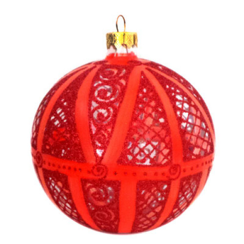 A transparent handmade glass Christmas tree ball with a geometrical red ornament, embellished with glitter, 3,25 inches