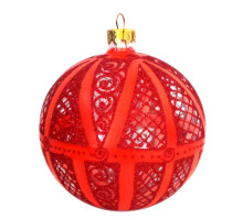 A transparent handmade glass Christmas tree ball with a geometrical red ornament, embellished with glitter, 4 inches