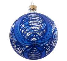 A transparent handmade glass Christmas tree ball with a unique blue ornament, embellished with glitter and beads, 3,25 inches