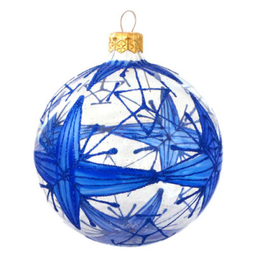 Куля скляна, прозора, з геоментричним синім орнаментом, декорована глітером, ручна робота, 8 см