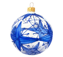 A transparent handmade glass Christmas tree ball with a geometrical blue ornament, embellished with glitter, 4 inches