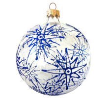 A transparent handmade glass Christmas tree ball with a blue ornament, embellished with glitter, 3,25 inches