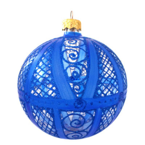 A transparent handmade glass Christmas tree ball with a geometrical blue ornament, embellished with glitter, 3,25 inches