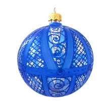 A transparent handmade glass Christmas tree ball with a geometrical blue ornament, embellished with glitter, 4 inches