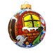 A blue handmade glass Christmas tree ball with an artistic painting, embellished with glitter "Santa near the window", 3,25 inches
