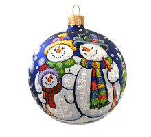 A blue handmade glass Christmas tree ball with an artistic painting, embellished with glitter and beads "Snowmen's family", 3,25 inches