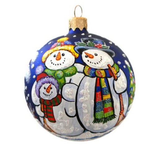 A blue handmade glass Christmas tree ball with an artistic painting, embellished with glitter and beads "Snowmen's family", 3,25 inches