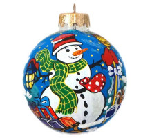 A blue handmade glass Christmas tree ball with an artistic painting, embellished with glitter "Snowman with present", 3,25 inches