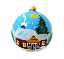 A sky-blue handmade glass Christmas tree ball with an artistic painting, embellished with glitter "A winter farm house", 3,25 inches