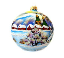 Куля скляна, з художнім розписом ручної роботи, декорована глітером "Зимовий пейзаж", 10 см