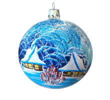 A sky-blue handmade glass Christmas tree ball with an artistic painting, embellished with glitter "A winter village", 3,25 inches