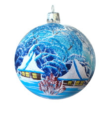 A sky-blue handmade glass Christmas tree ball with an artistic painting, embellished with glitter "A winter village", 3,25 inches