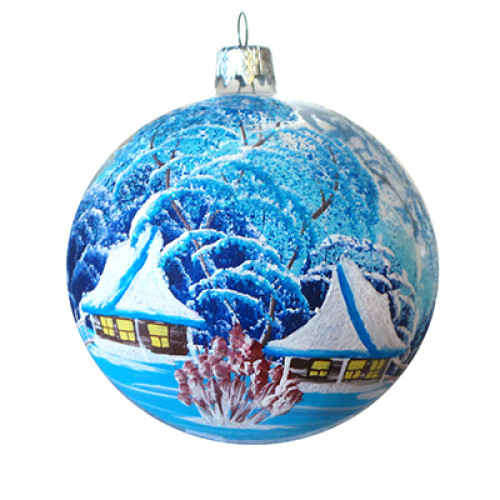 A sky-blue handmade glass Christmas tree ball with an artistic painting, embellished with glitter "A winter village", 3,25 inches