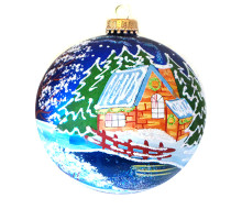 A blue handmade glass Christmas tree ball with an artistic painting, embellished with glitter "A winter village", 3,25 inches