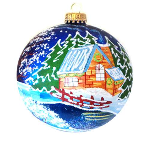 A blue handmade glass Christmas tree ball with an artistic painting, embellished with glitter "A winter village", 4 inches