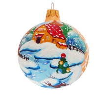 A handmade glass Christmas tree ball with an artistic painting, embellished with glitter "A winter landscape", 3,25 inches