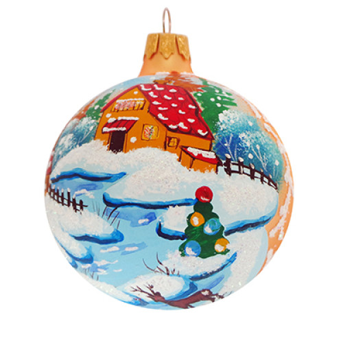 A handmade glass Christmas tree ball with an artistic painting, embellished with glitter "A winter landscape", 3,25 inches