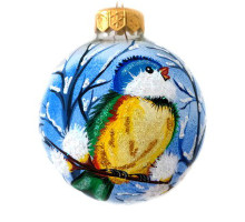 A transparent handmade glass Christmas tree ball with an artistic painting, embellished with glitter "A great tit on the branch", 3,25 inches
