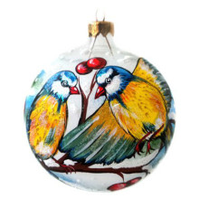 A transparent handmade glass Christmas tree ball with an artistic painting, embellished with glitter "Bullfinches", 3,25 inches