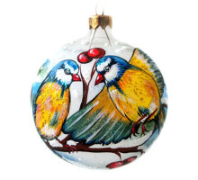 A transparent handmade glass Christmas tree ball with an artistic painting, embellished with glitter "Great tits", 4 inches