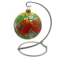 Куля скляна, золота, розписана квітами та оздоблена глітером, ручної роботи, 8 см