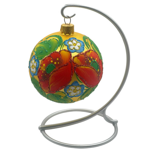 Куля скляна, золота, розписана квітами та оздоблена глітером, ручної роботи, 8 см