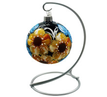 Куля скляна, чорна, розписана квітами та оздоблена глітером, ручної роботи, 8 см