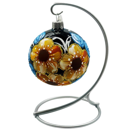 Куля скляна, чорна, розписана квітами та оздоблена глітером, ручної роботи, 8 см