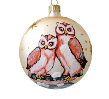 A champagne handmade glass Christmas tree ball with an artistic painting, embellished with glitter "Two owls", 3,25 inches