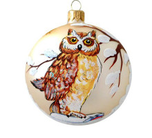 A champagne handmade glass Christmas tree ball with an artistic painting, embellished with glitter "An owl", 4 inches
