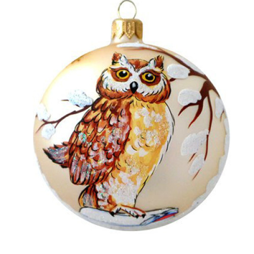 A champagne handmade glass Christmas tree ball with an artistic painting, embellished with glitter "An owl", 4 inches