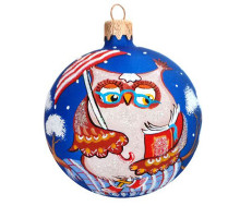 A blue handmade glass Christmas tree ball with an artistic painting, embellished with glitter "An owl with an umbrella", 3,25 inches