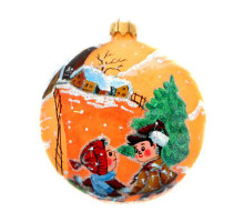 Куля скляна, помаранчева, з художнім розписом ручної роботи, декорована глітером "Зимовий пейзаж", 8 см