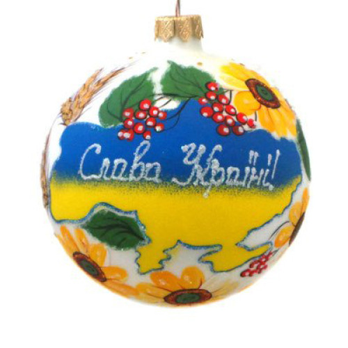 A white handmade glass Christmas tree ball with a blue and yellow flower ornament, embellished with glitter "A map of Ukraine", 4 inches