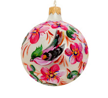 A white handmade glass Christmas tree ball with a pink flower painting, 3,25 inches