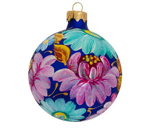 A blue handmade glass Christmas tree ball with bright flowers in Petrykivskyi painting technique style, 3,25 inches