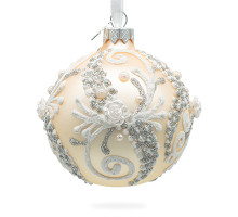 Куля скляна, кольору "шампань", з рослинним орнаментом, декорована 3D квітами та глітером, ручна робота, 8 см