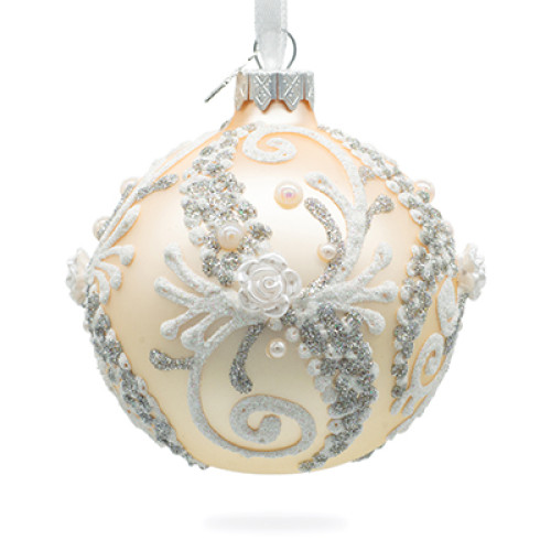 A champagne handmade glass Christmas tree ball with a floral ornament, embellished with 3D flowers and glitter, 3,25 inches