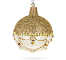 A white handmade glass Christmas tree ball with a floral ornament, embellished with 3D flowers and glitter, 3,25 inches