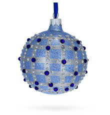 A sky-blue handmade glass Christmas tree ball embellished with precious rhinestones, 3,25 inches