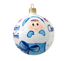 A sky-blue handmade glass Christmas tree ball with an artistic painting "My first Christmas", 3,25 inches
