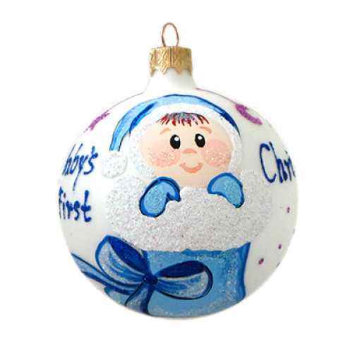 Куля скляна, блакитна, із  художнім розписом ручної роботи "Моє Перше Різдво", 8 см