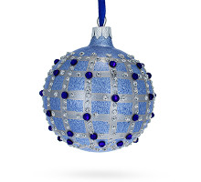 A sky-blue handmade glass Christmas tree ball made in Art Nouveau style, embellished with precious rhinestones and glitter, 3,25 inches