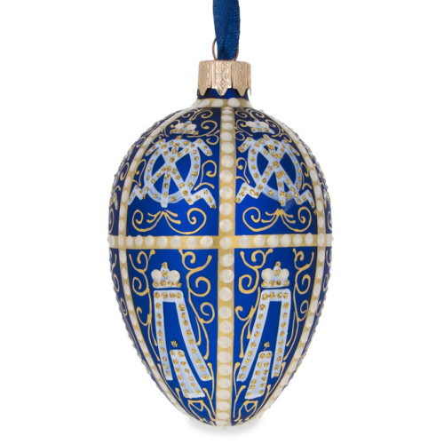 A blue handmade glass Christmas tree egg shaped pendant made in Faberge egg style, 2.6 inches