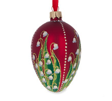 Ялинкова підвіска-яйце скляна, червона, з об'ємними квітами, декорована глітером та стразами, "Конвалії" ручна робота, 6,5 см