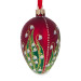 A red handmade glass Christmas tree egg shaped pendant with voluminous flowers, embellished with glitter and rhinestones "Lilies", 2.6 inches