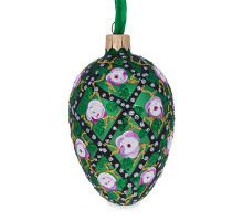 A green handmade glass Christmas tree egg shaped pendant with roses, embellished with glitter, 2.6 inches