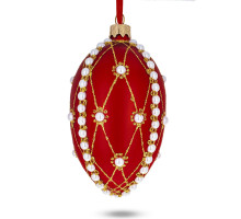 A red handmade glass Christmas tree egg shaped pendant with roses, embellished with glitter "Pearls", 2.6 inches